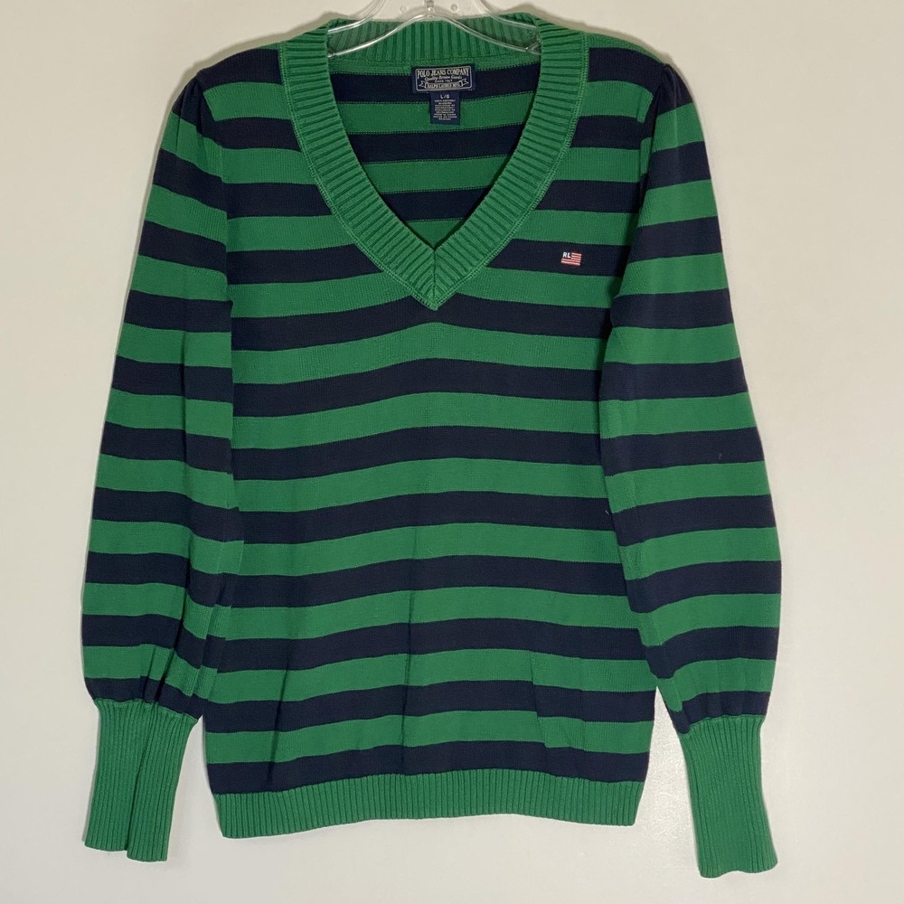 VTG Ralph Lauren Polo Jeans Company VNeck Sweater Womens Large Striped Flag Logo